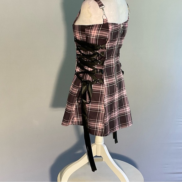 Dolls Kill Lg Gothic/Punk/Witchy Pink/Black Plaid Mini Dress Black Ribbon Laceup - Picture 8 of 12